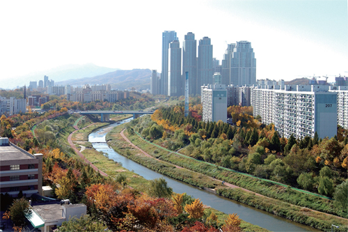 Walking along the eco footpath of Yangjaecheon Stream in the shadows of verdant trees helps you blow away the stress (photo coutesy of Gangnam District