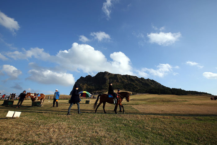 People can ride a Jeju pony, a <i>Jorangmal</i>, in the grass field near the entrance to the Seongsan <i>Ilchulbong</i>.