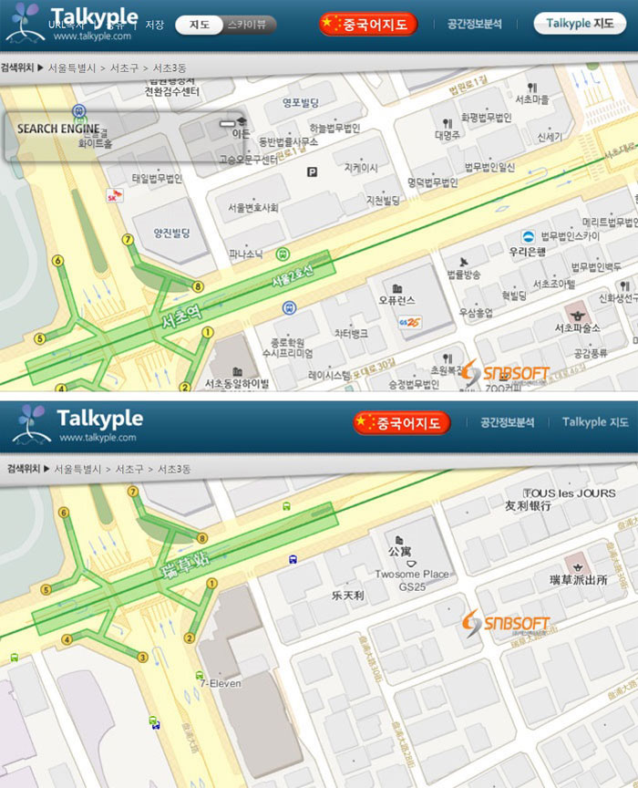 The above image shows a map of part of Seoul's subway system written in Korean from the Talkyple website. The second image shows all the information written in simplified Chinese, after users press the red 'Chinese map' button at the top of the browser.